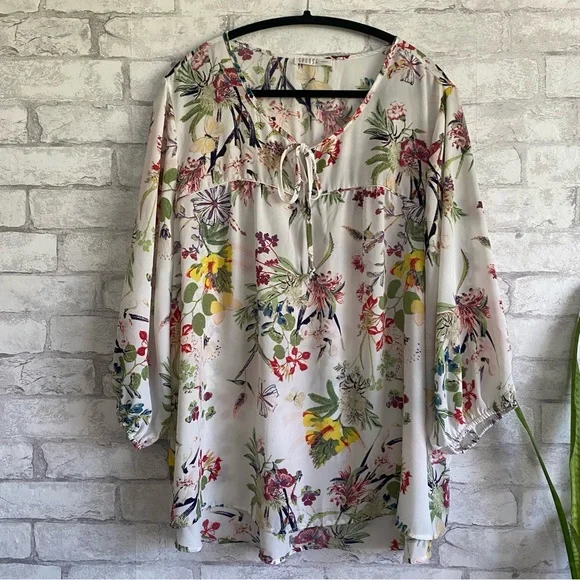 Spense Woman V Neck 3/4 Sleeve Floral Cream red yellow Top Plus Size 2X - Picture 1 of 7